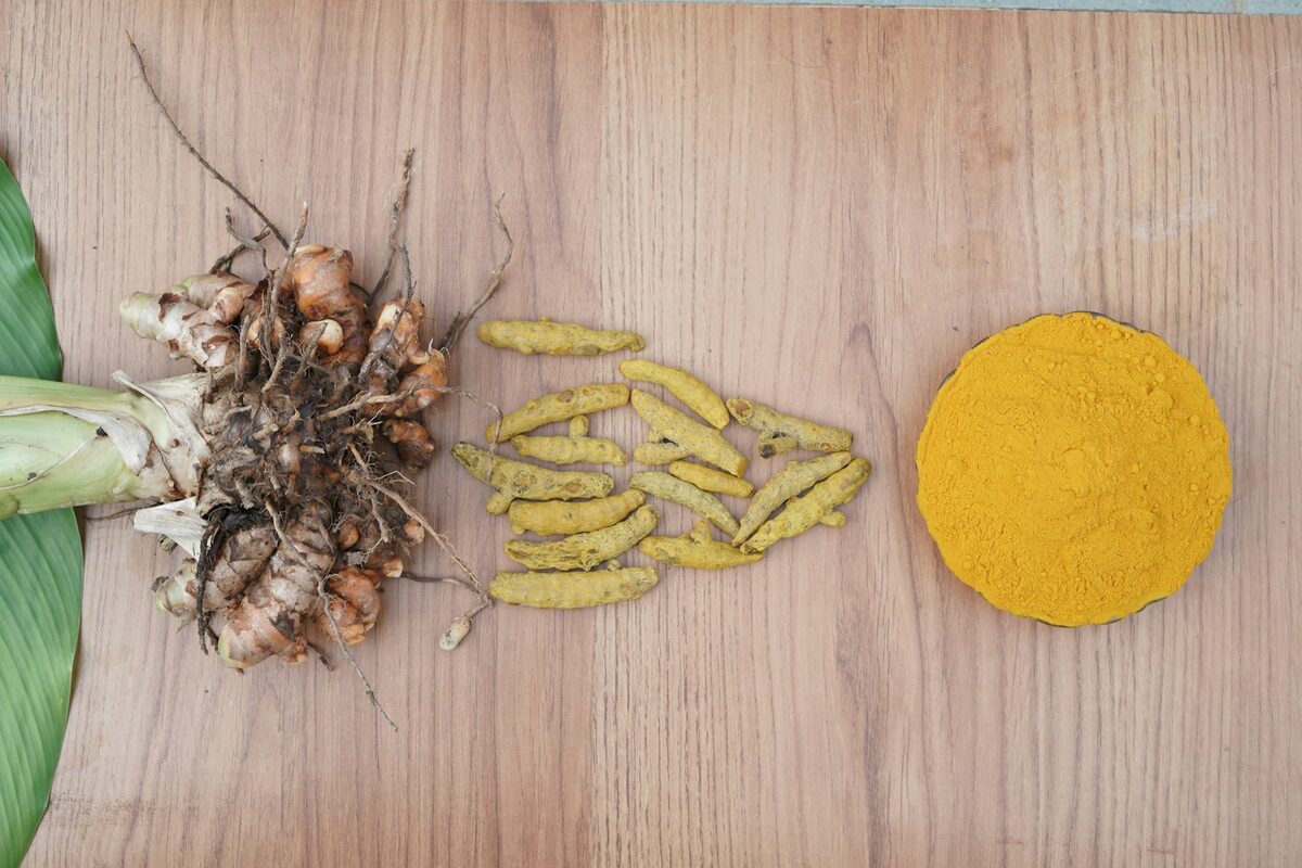 Turmeric root, slices, and powder on wood